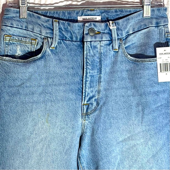 Good American Women med blue light jean high waist ,cool classic, distress Sz 8 - Picture 3 of 16